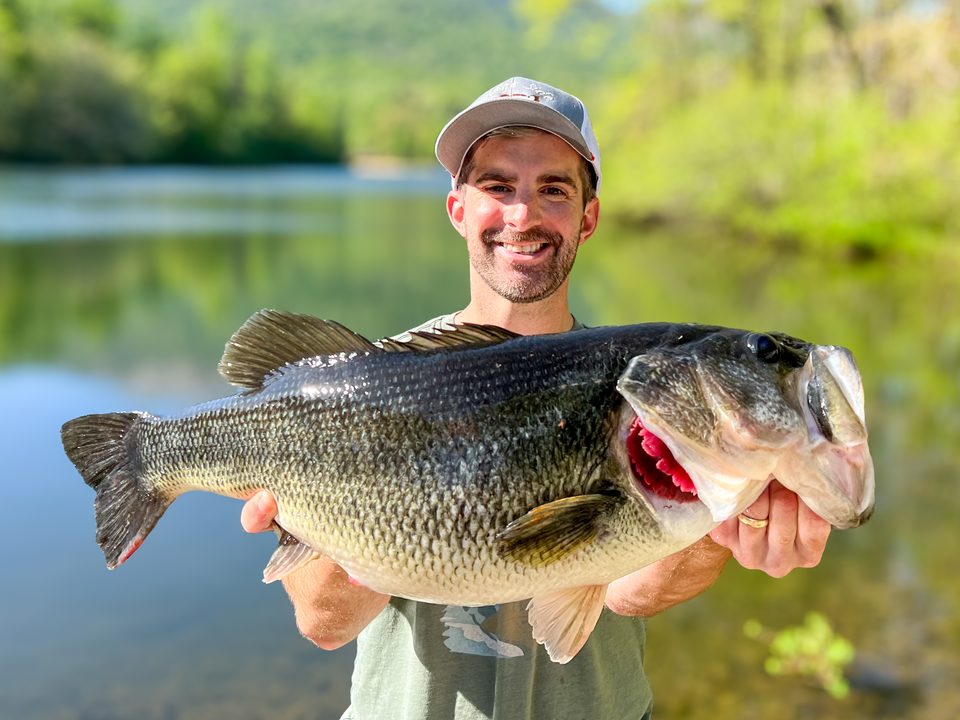 Taylor LeBlanc smiling with a big largemouth bass in front of green water